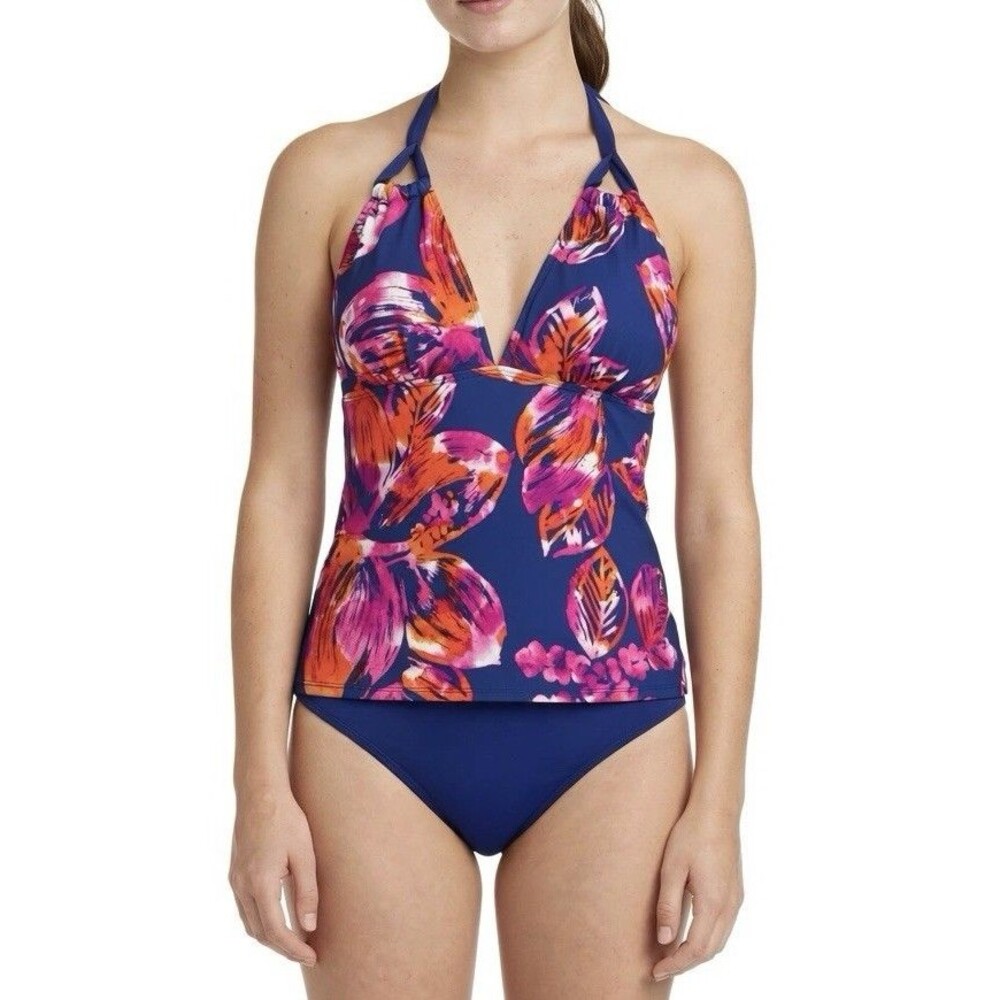 Womens Small Tankini Merona Navy Tropical Floral Halter Set Bikini Set